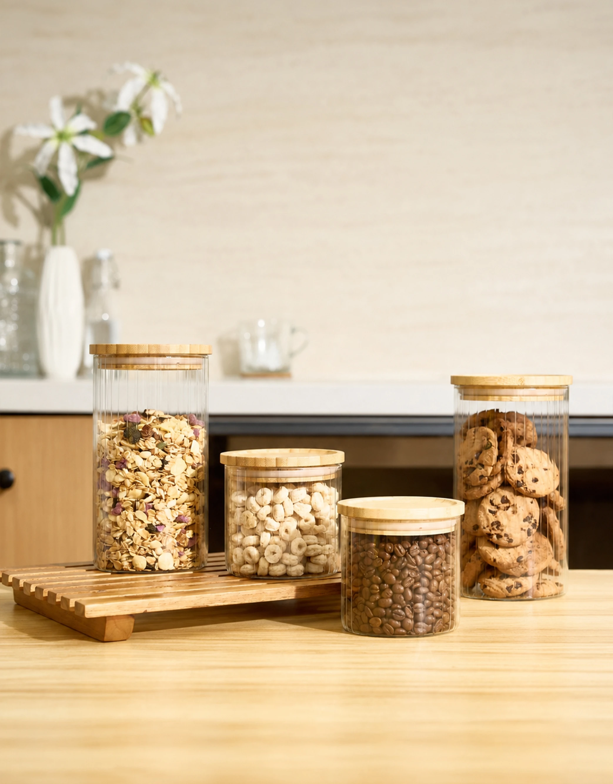 Set of 4 Ribbed Glass Storage Jars
