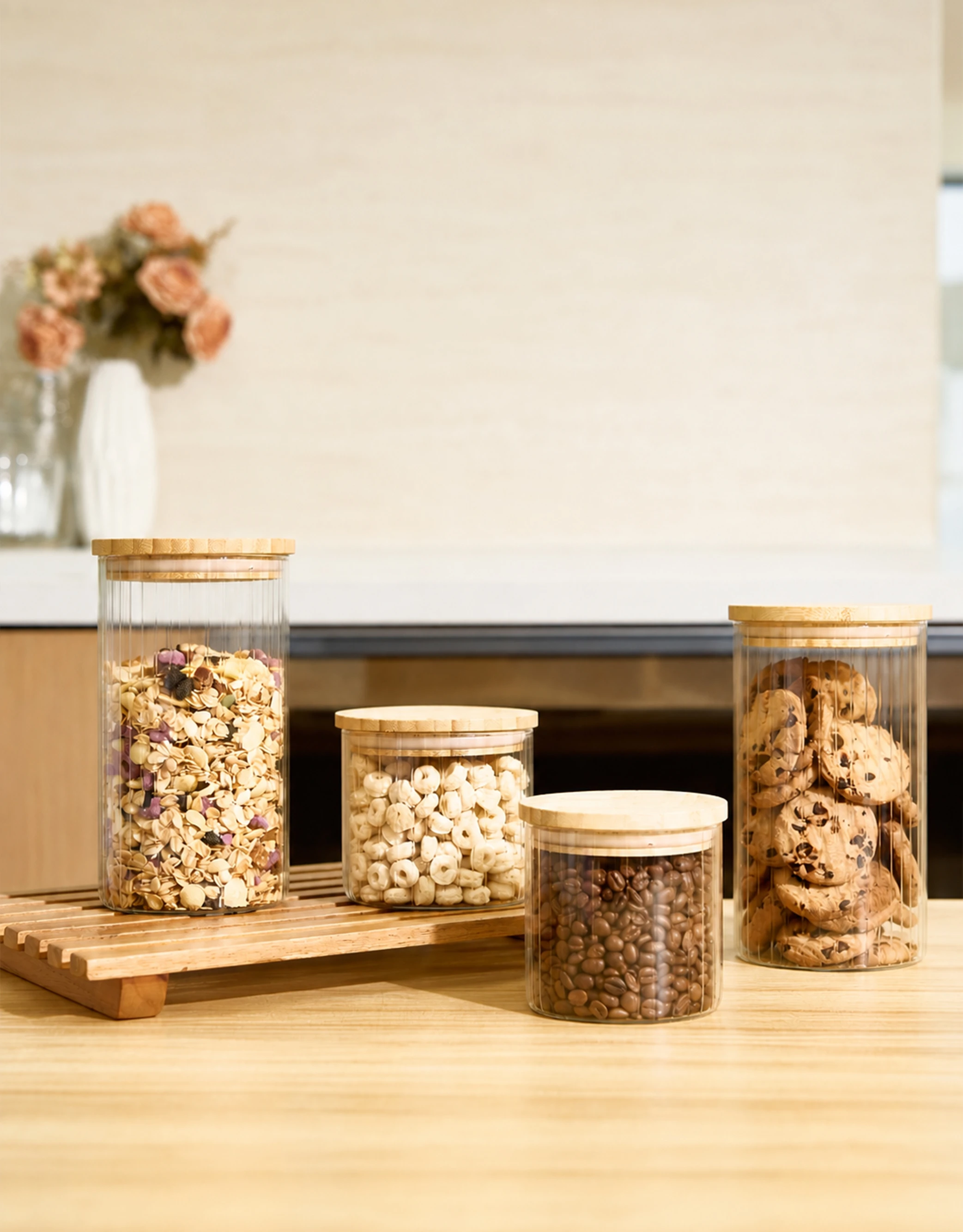 Set of 4 Ribbed Glass Storage Jars