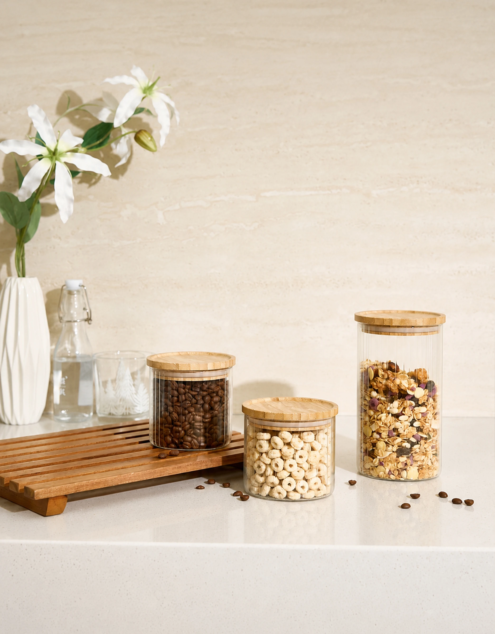 Set of 3 Ribbed Glass Storage Jars