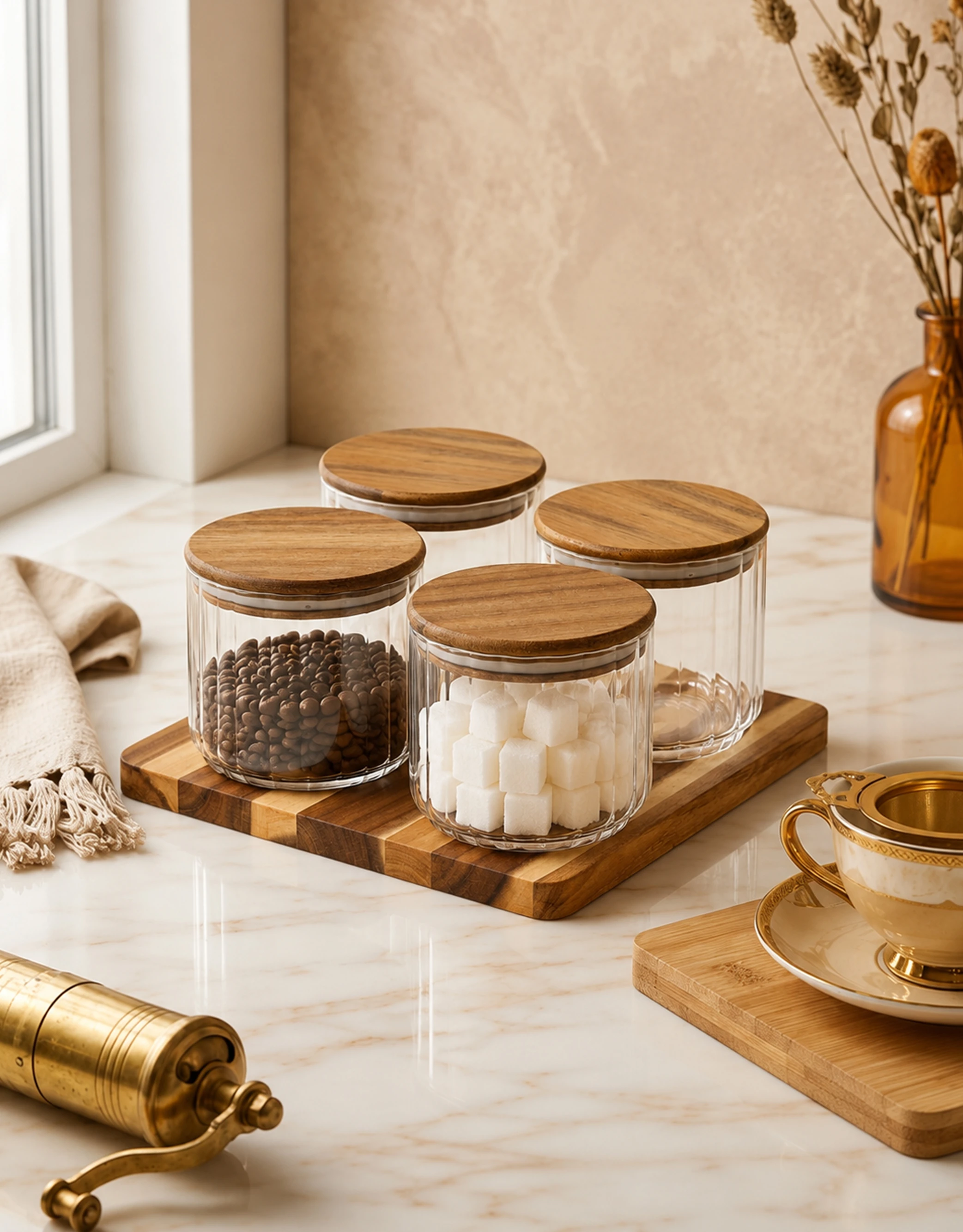 Set of 4 Ribbed Glass Storage Jars