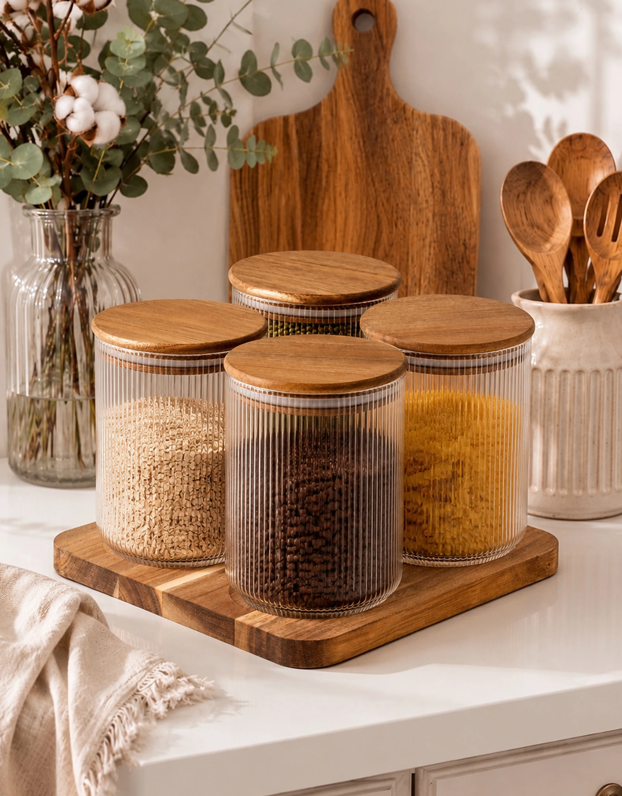 Set of 4 Ribbed Glass Storage Jars