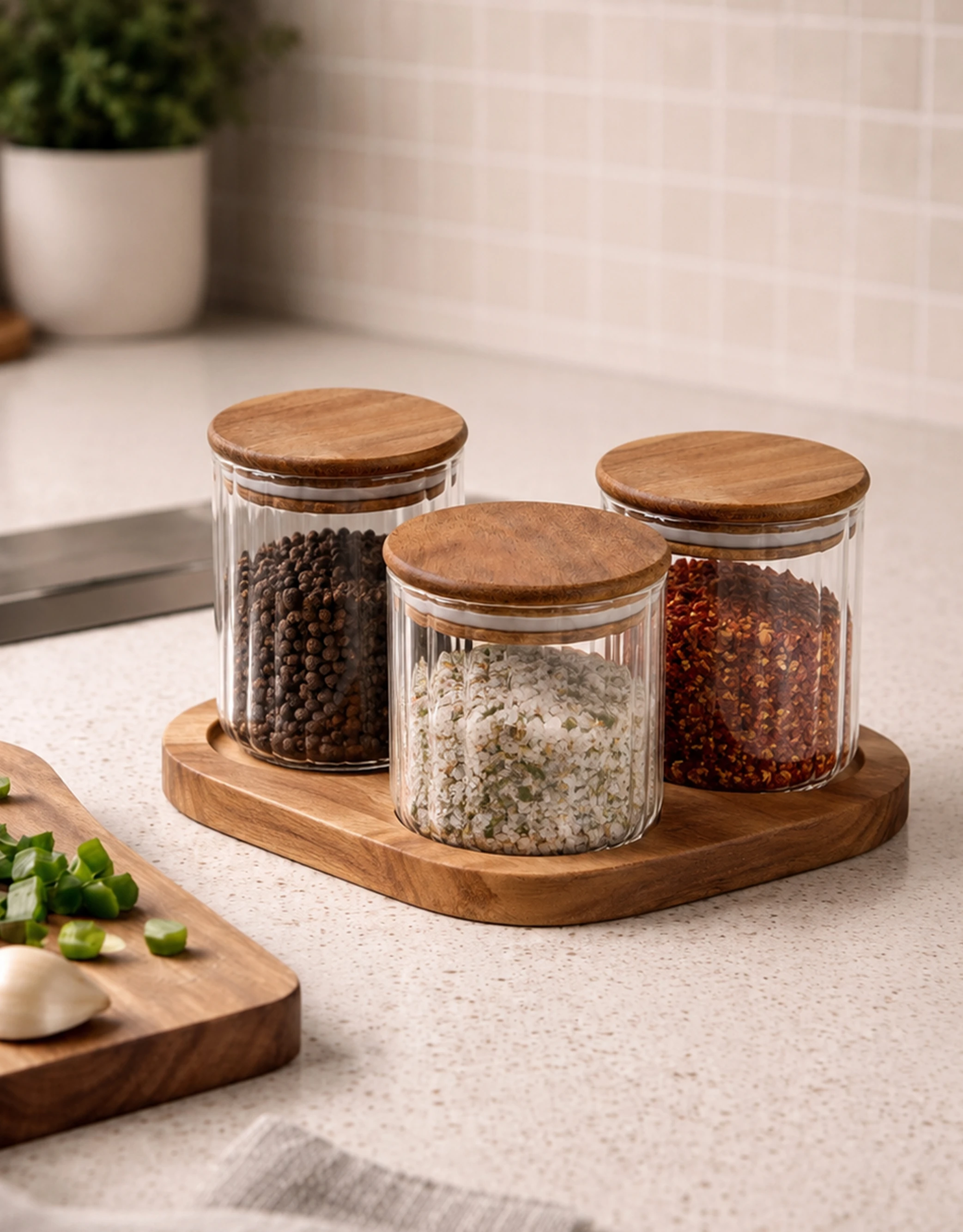 Set of 3 Ribbed Glass Storage Jars