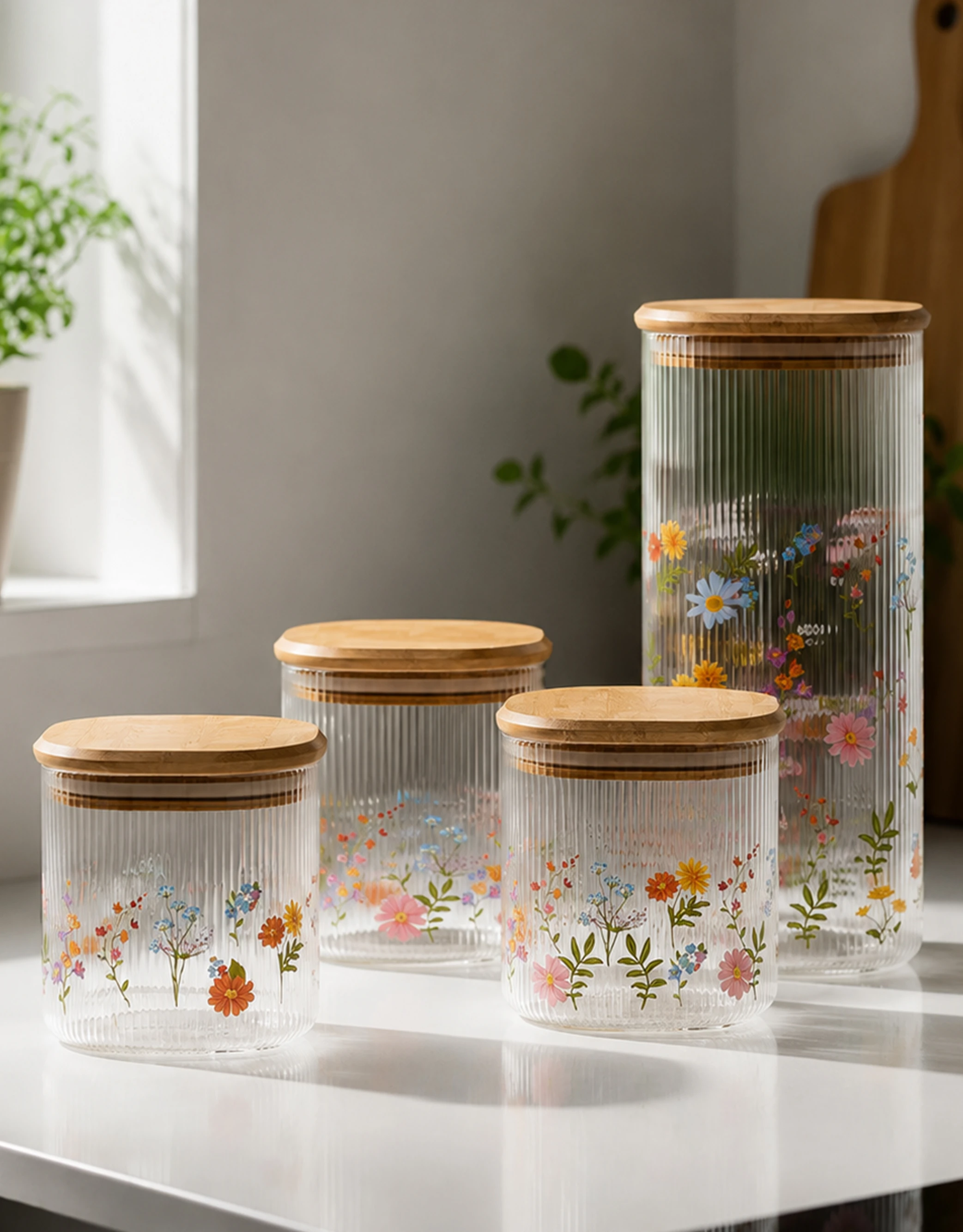 Square Ribbed Glass Storage Jars