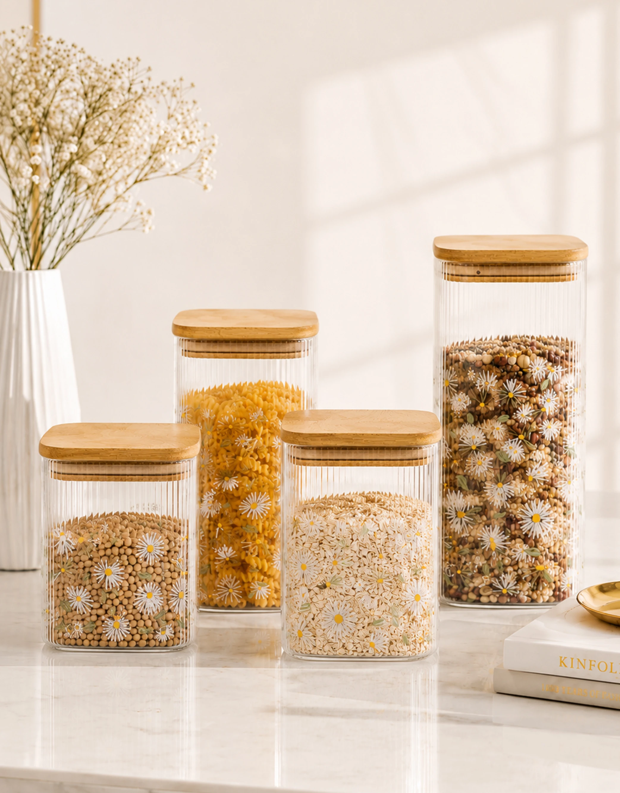 Square Ribbed Glass Storage Jars